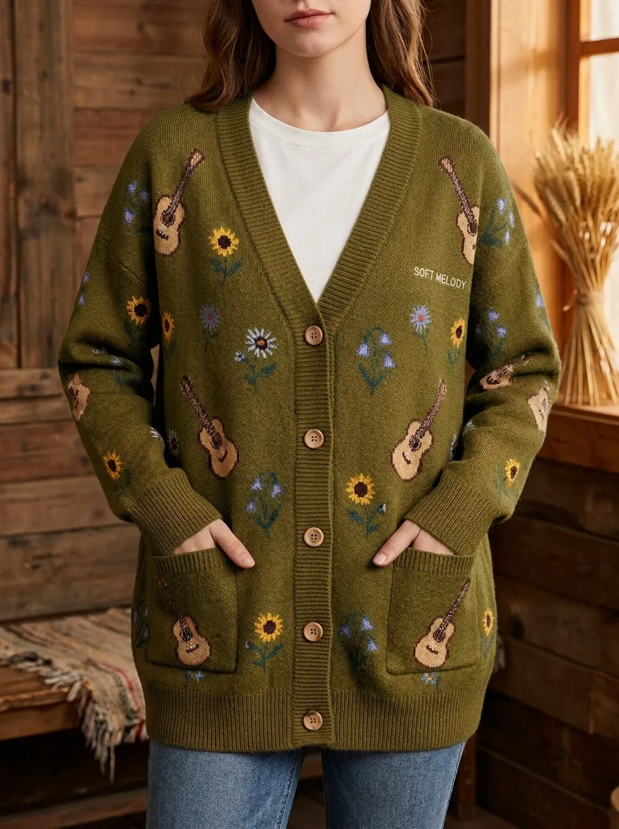 Honky-Tonk-Inspired Guitar Floral Country Music Cardigan