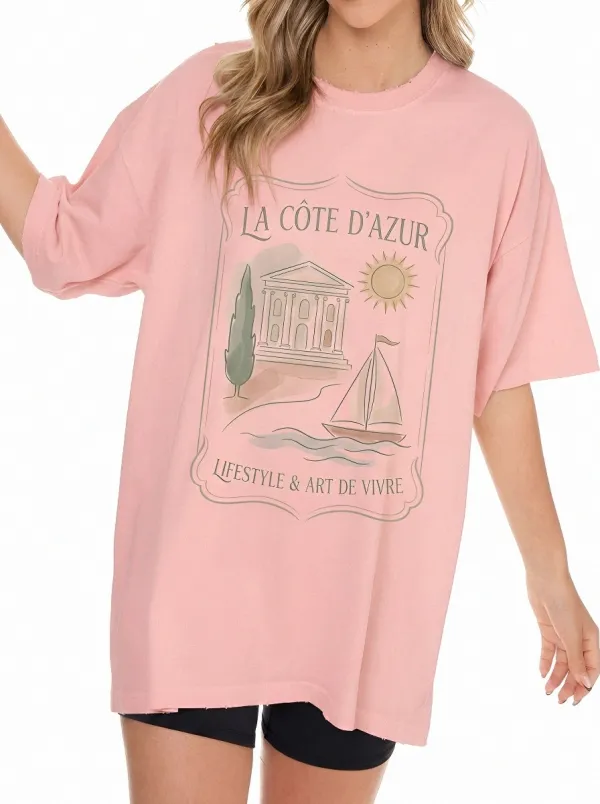 Women's French Riviera Travel Aesthetic Sailboat Printed T-shirt