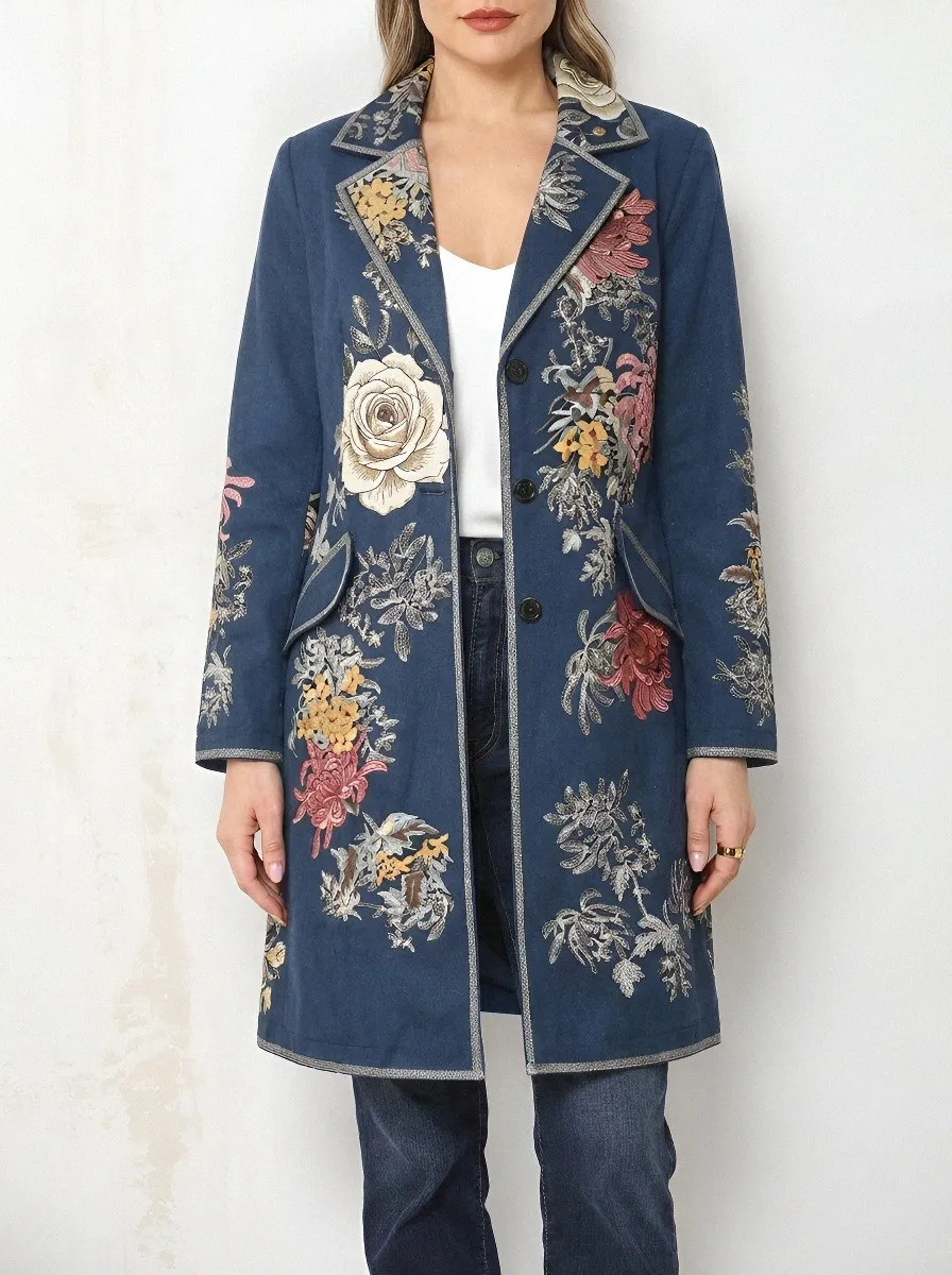 Women's Vintage Floral Botanical Embroidered Printed Long Coat