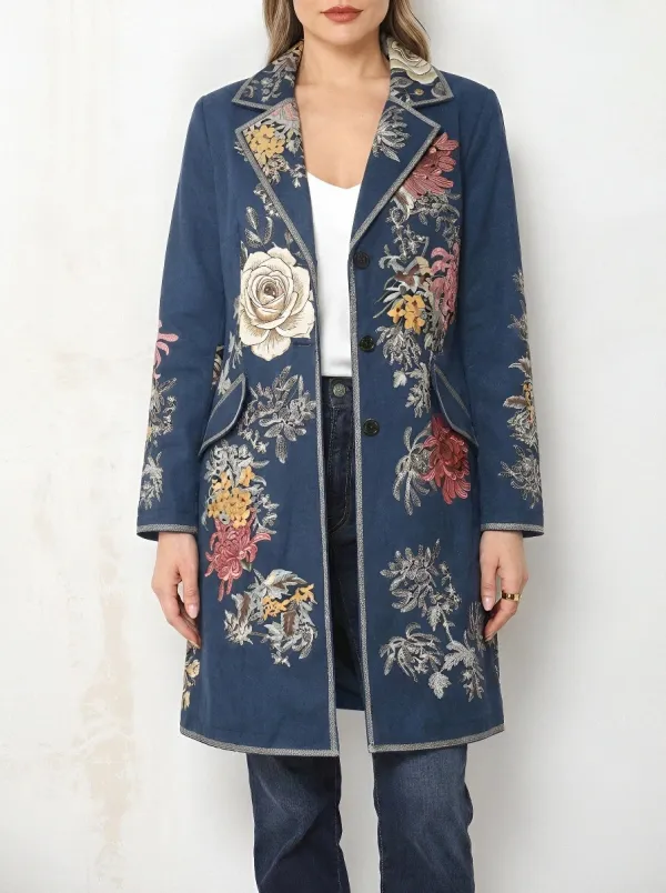 Women's Vintage Floral Botanical Embroidered Printed Long Coat