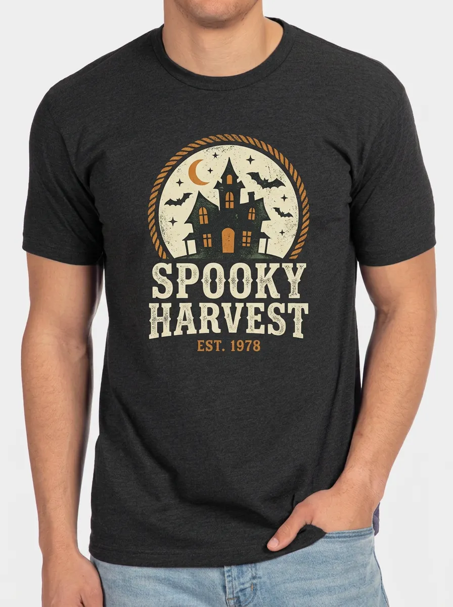Men's Halloween Spooky Harvest Haunted House Printed T-shirt