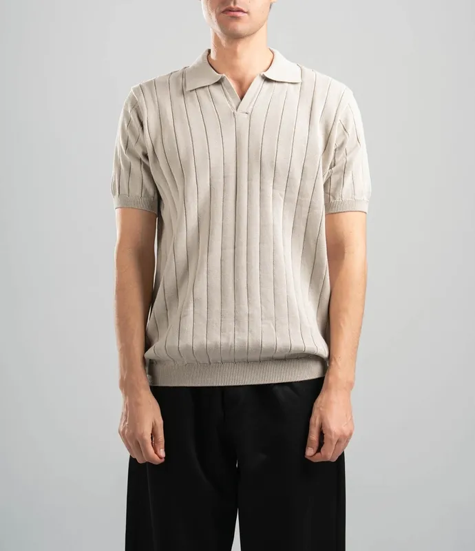 Beige Line Texture Knit Polo Shirt