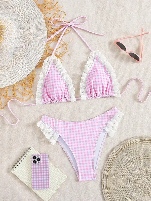 Lace Plaid Halterneck Ruffled Split Bikini Swim Set