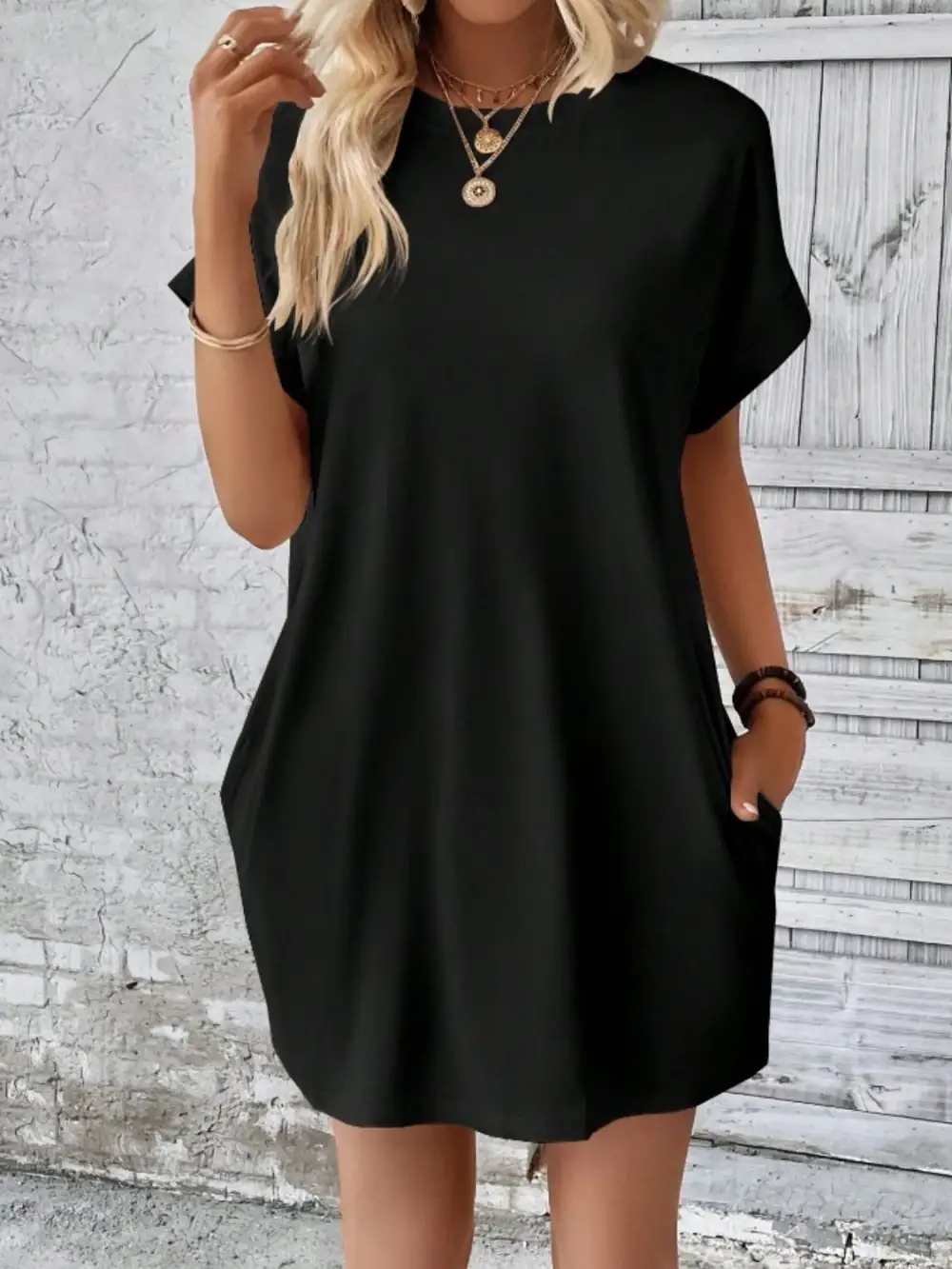 Round-Neck Short-Sleeve Cotton Casual Dress