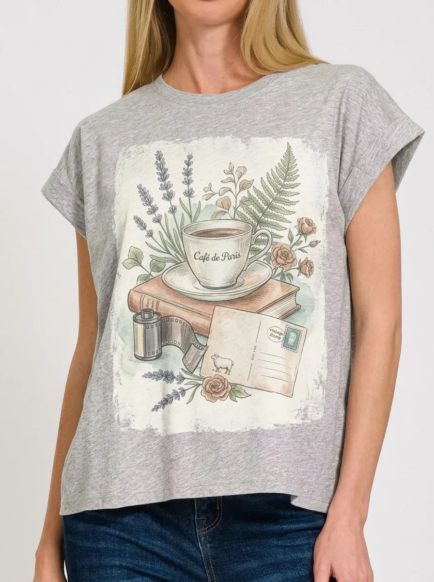 Women's Paris Cafe Book Floral Film Printed T-shirt