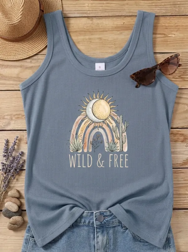 Women's Boho Wild & Free Sun Moon Cactus Rainbow Printed Tank Top