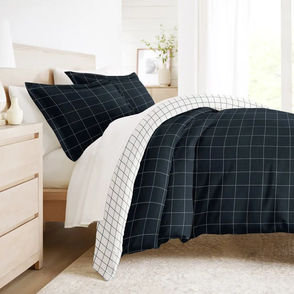 Rustic Windowpane Pattern Reversible Duvet Cover Set