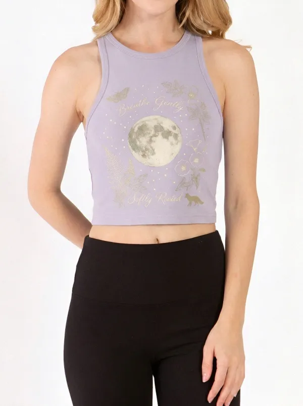 Women's Celestial Moon Floral Fox Printed Crop Tank Top
