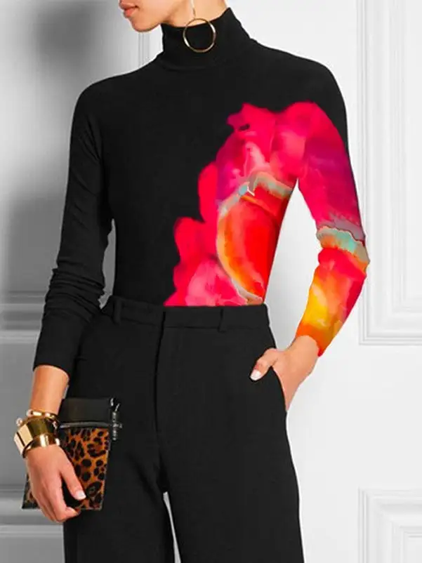 Long Sleeve Slim Fit Contrast Print High Neck T-Shirt