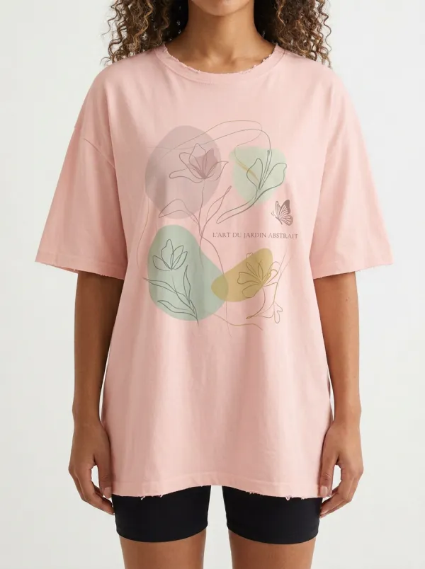 Women's Abstract Floral Butterfly Line Art Printed T-shirt