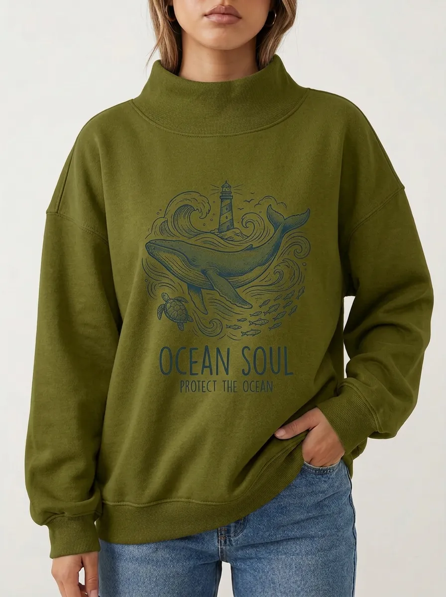 Ocean Lover Whale Lighthouse Mock Neck Sweatshirt