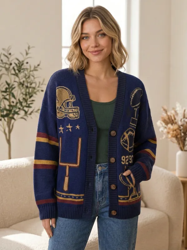 Women's Classic Stadium Inspired Helmet Football Trophy Knitted Cardigan