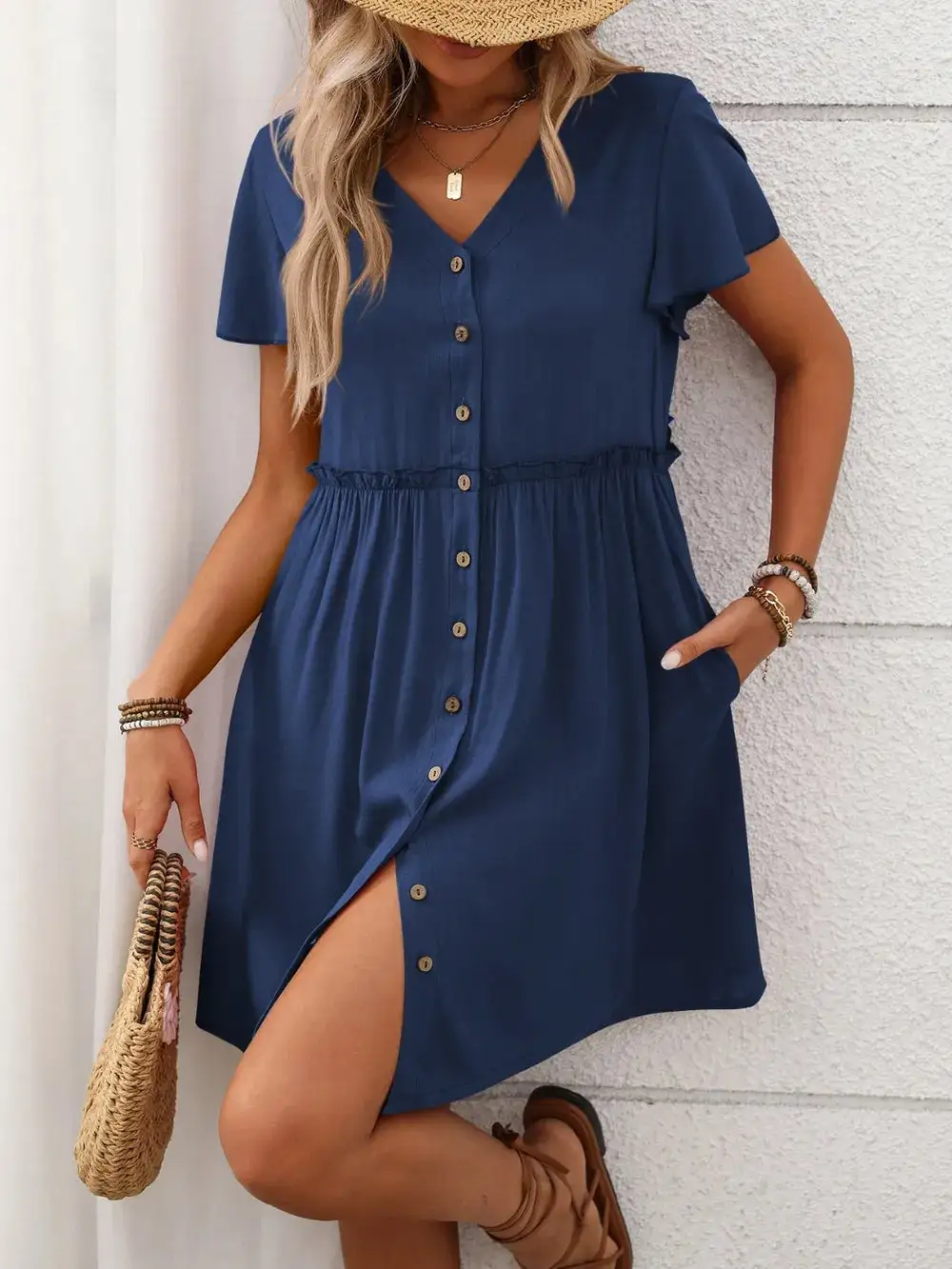 Flutter Sleeve Button Front Dress