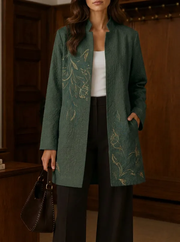 Women's Floral Botanical Gold Line Art Printed Long Jacket