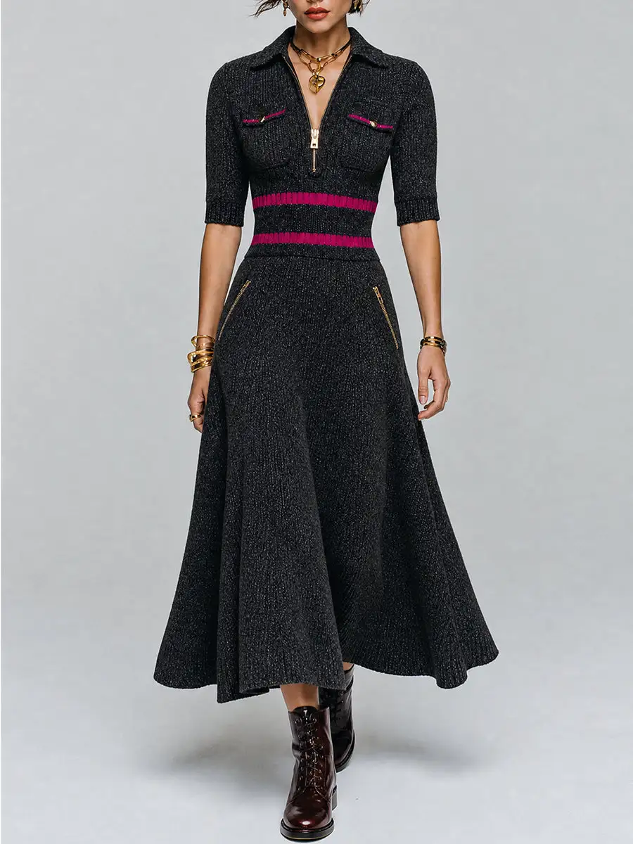 Vintage Zip Polo Collar Knit Midi Dress