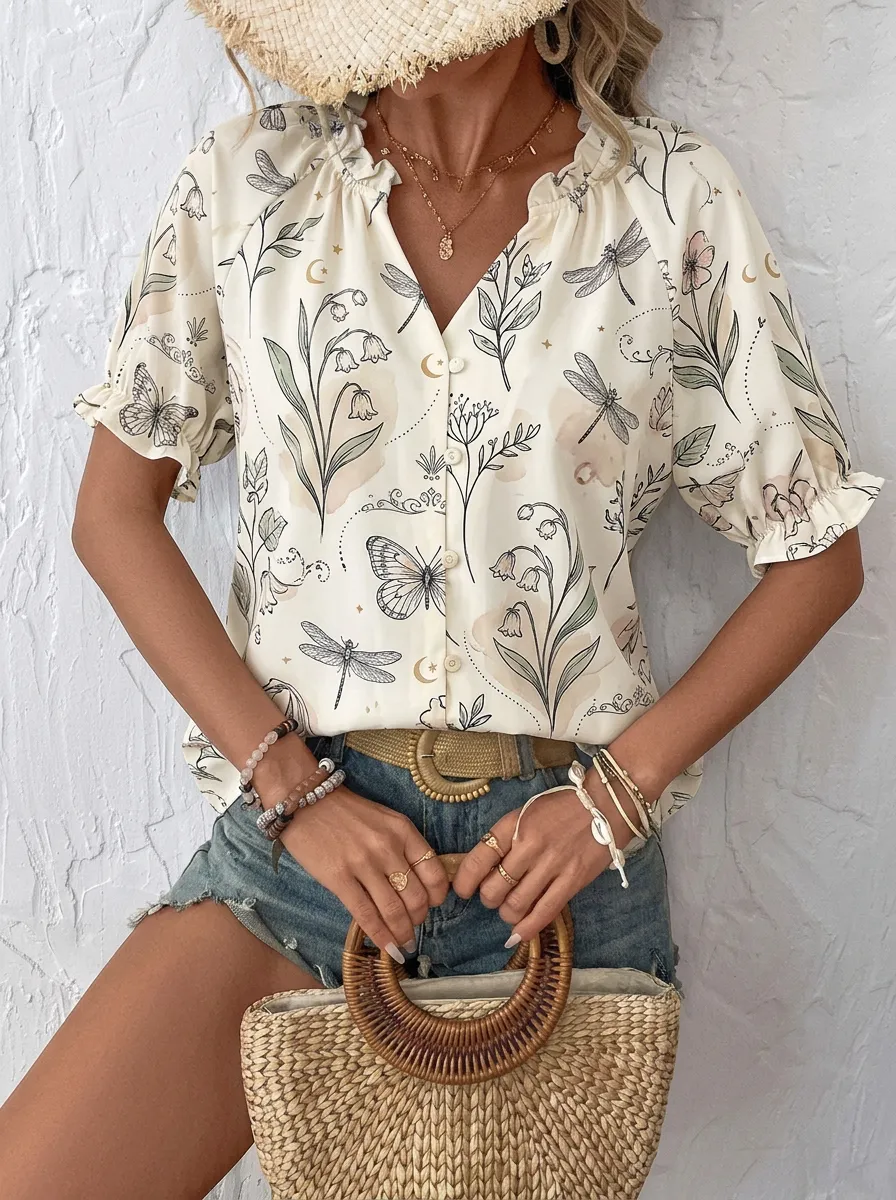 Women's Boho Nature Lover Dragonfly Butterfly Floral Printed Blouse