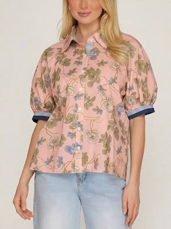 Women's Floral Botanical Vintage Style Printed Puff Sleeve Shirt