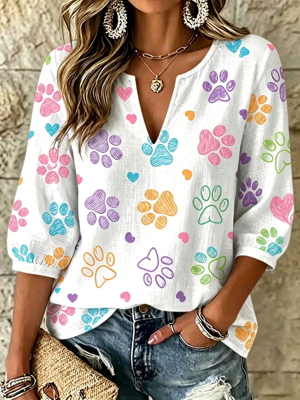 Women's Casual Cat Paw Print Cotton And Linen Top