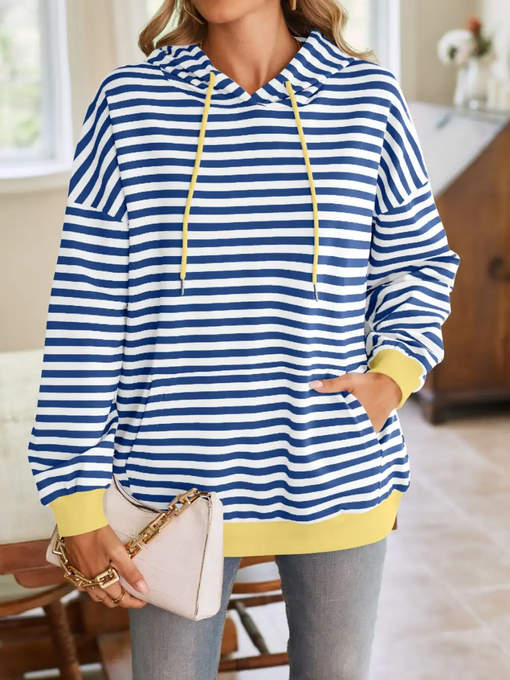 Drawstring Long-Sleeve Striped Hoodie