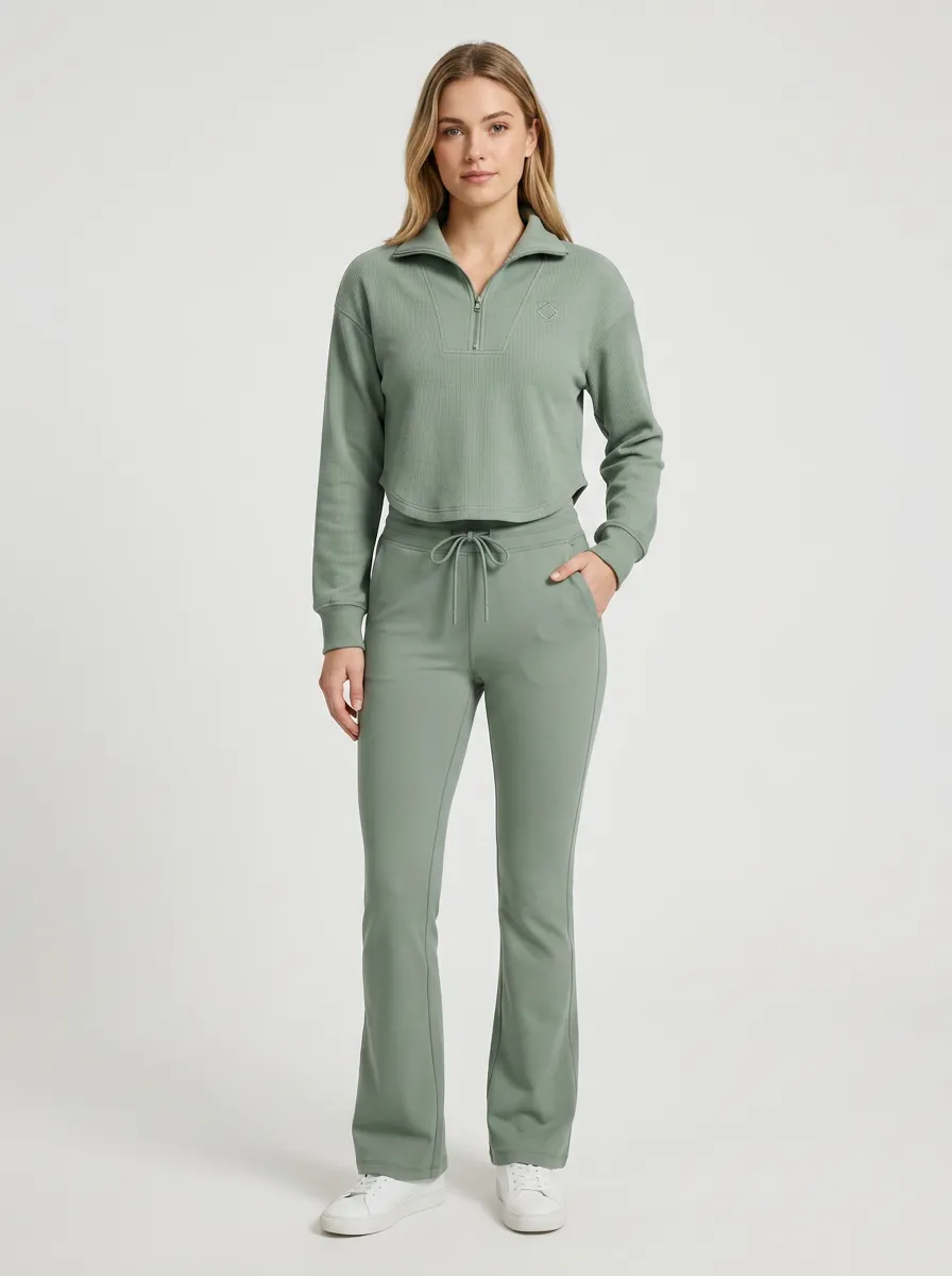 Women's Sage Green Quarter-Zip Ribbed Crop Top Flare Leggings Set