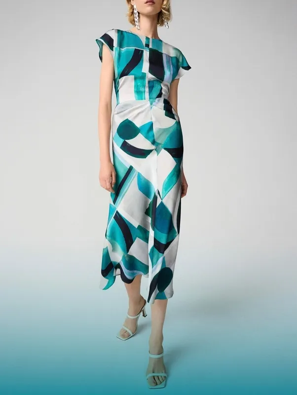 Satin Geometric Button-Front Midi Dress