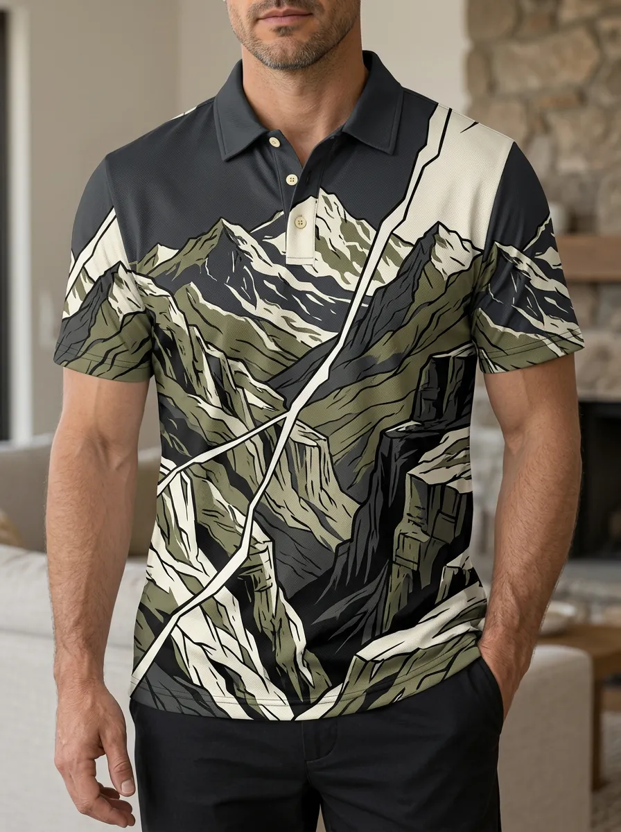 Men's Outdoor Hiking Mountain Landscape Printed Polo Shirt