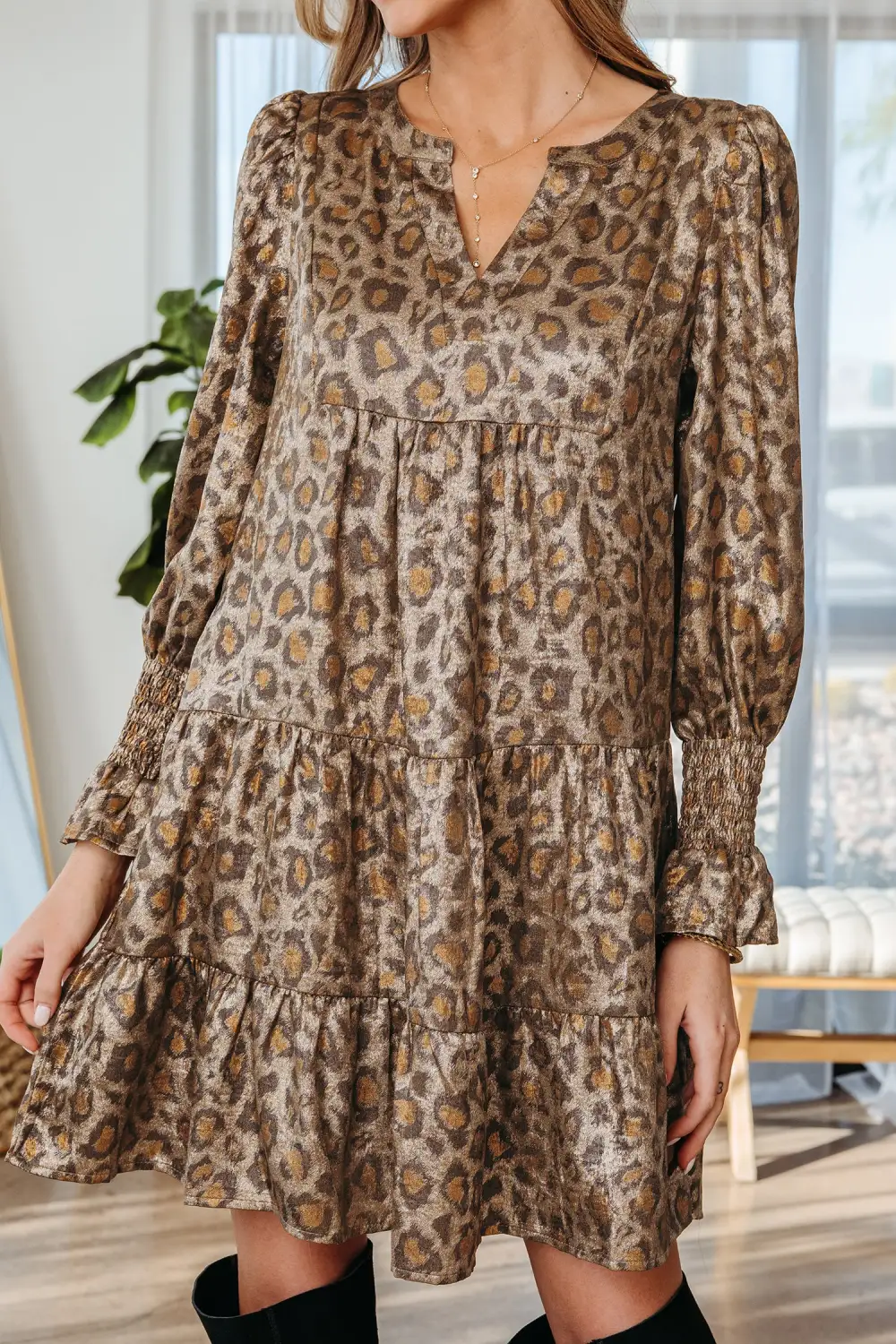 Animal Print V Neck Ruffle Mini Dress