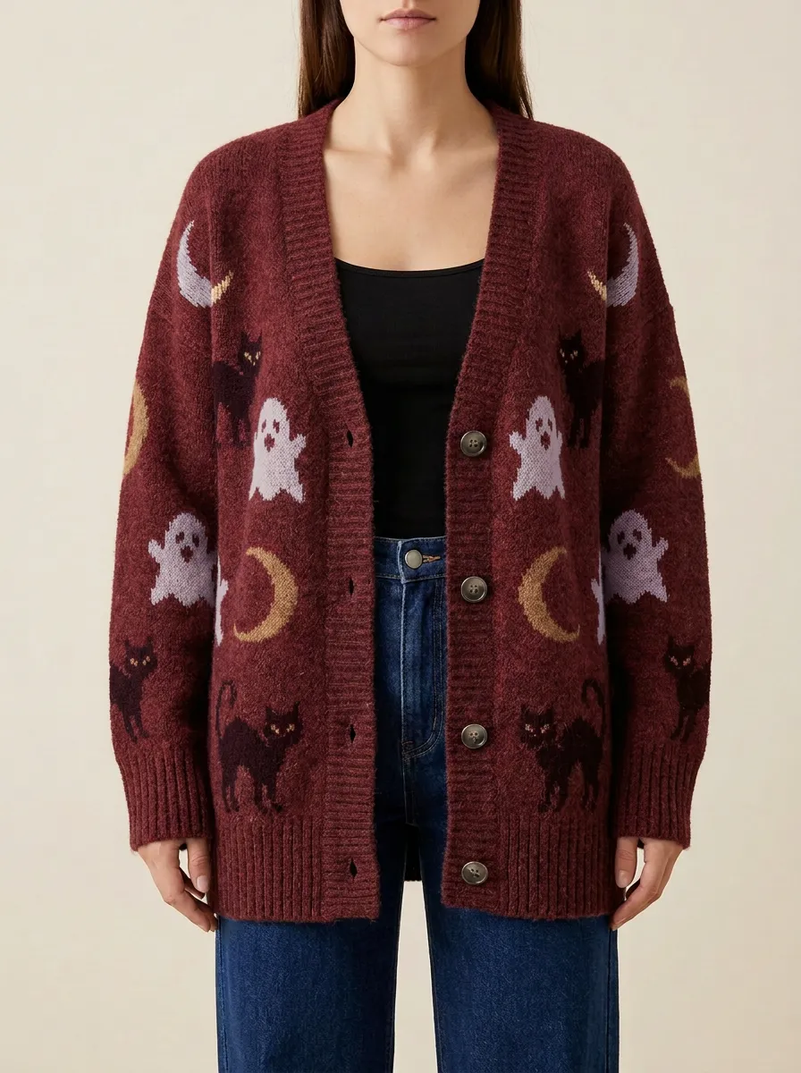 Women's Halloween Ghost Cat Moon Pattern Printed Cardigan
