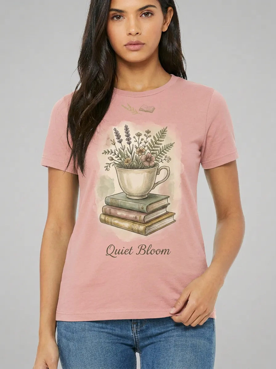 Women's Book Lover Quiet Bloom Floral Teacup Printed T-shirt