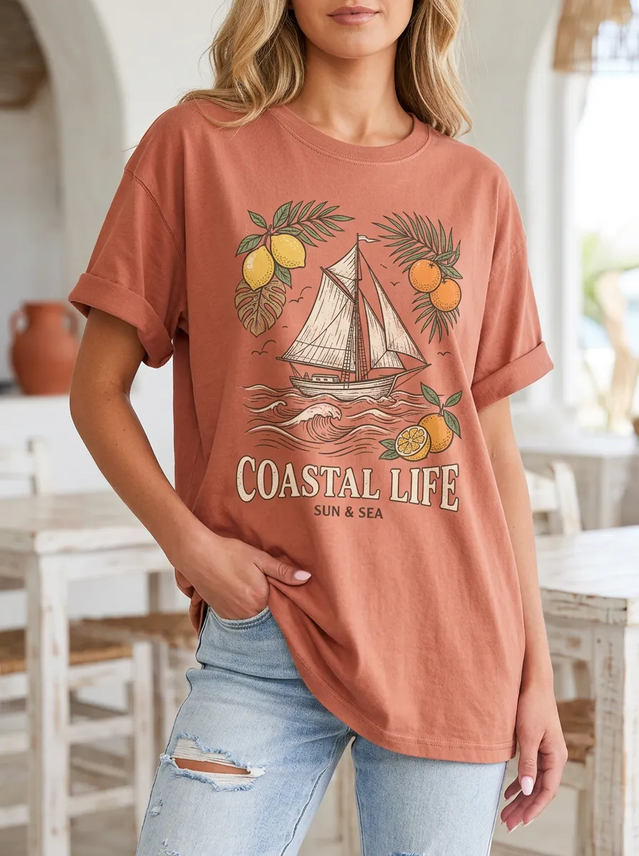 Women's Coastal Life Sailboat Lemon Orange Printed T-shirt