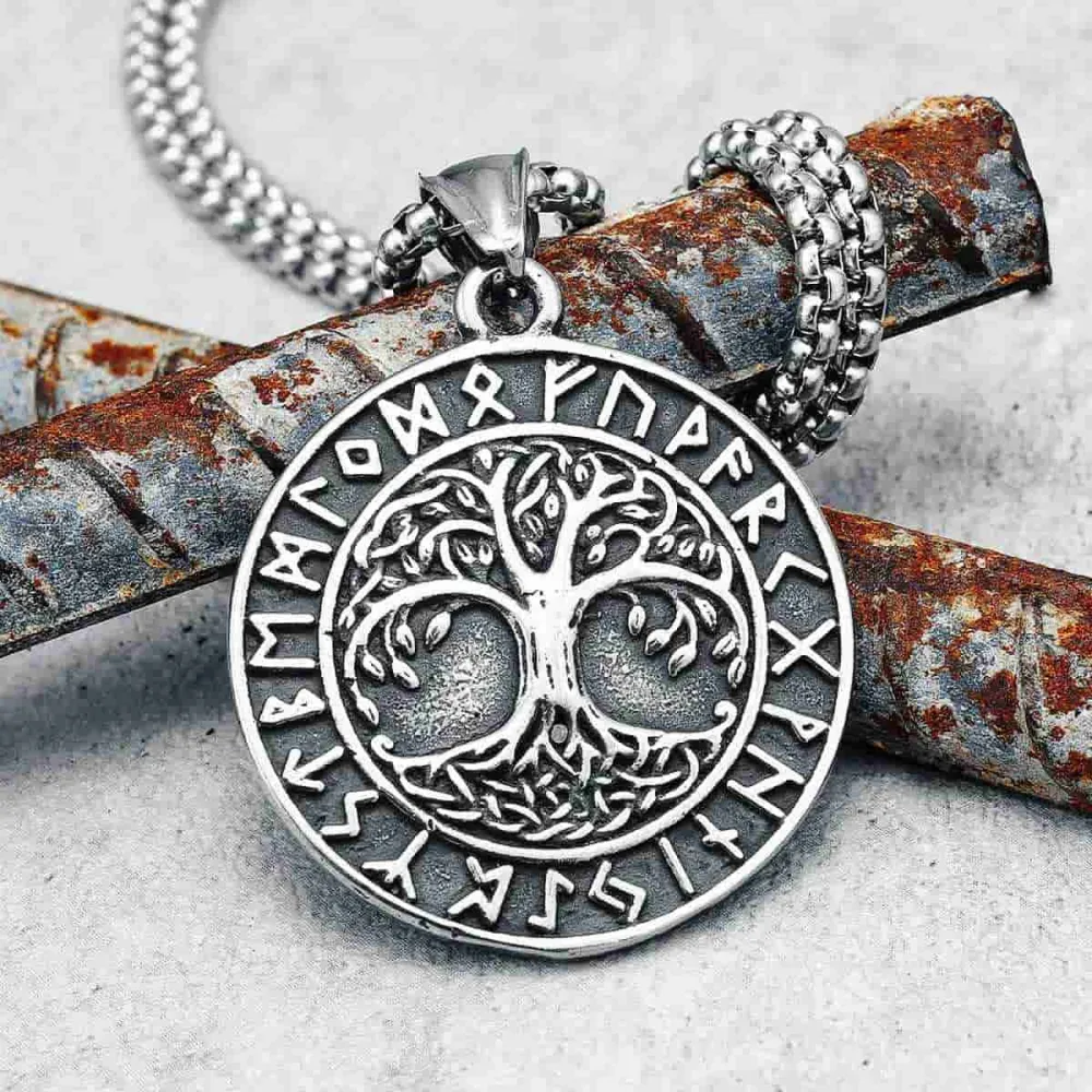 Men's Round Yggdrasil Necklace Runes