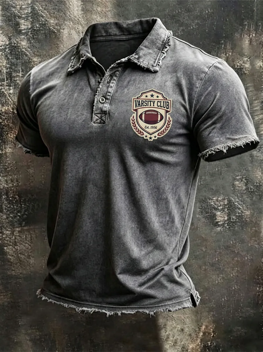 Varsity Club Football Sports Graphic Distressed Polo Shirt