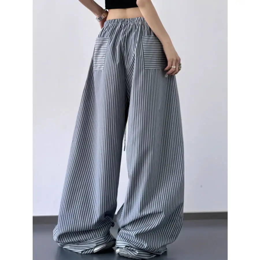 Casual Striped Wide Leg Drawstring Pants