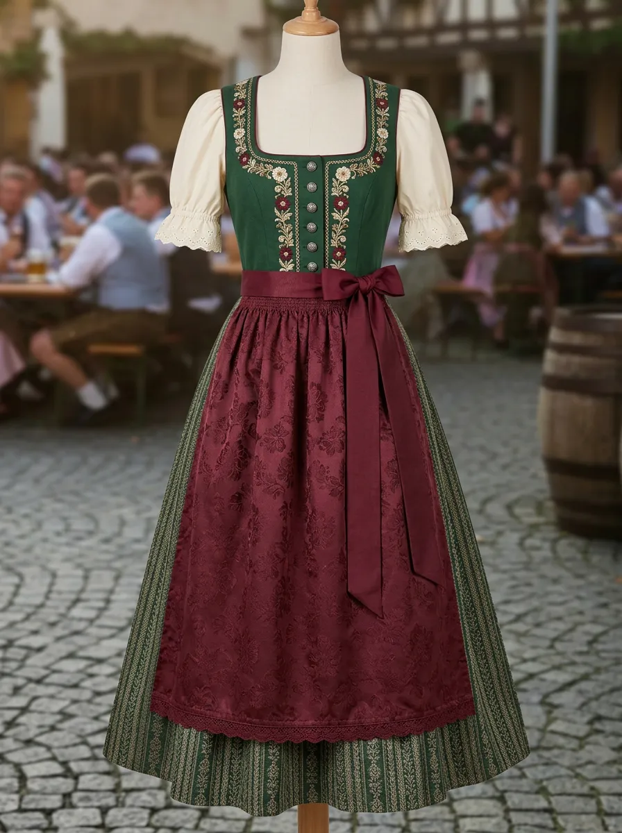Floral Embroidered Square Neck Women's Bavarian Oktoberfest Dirndl Dress