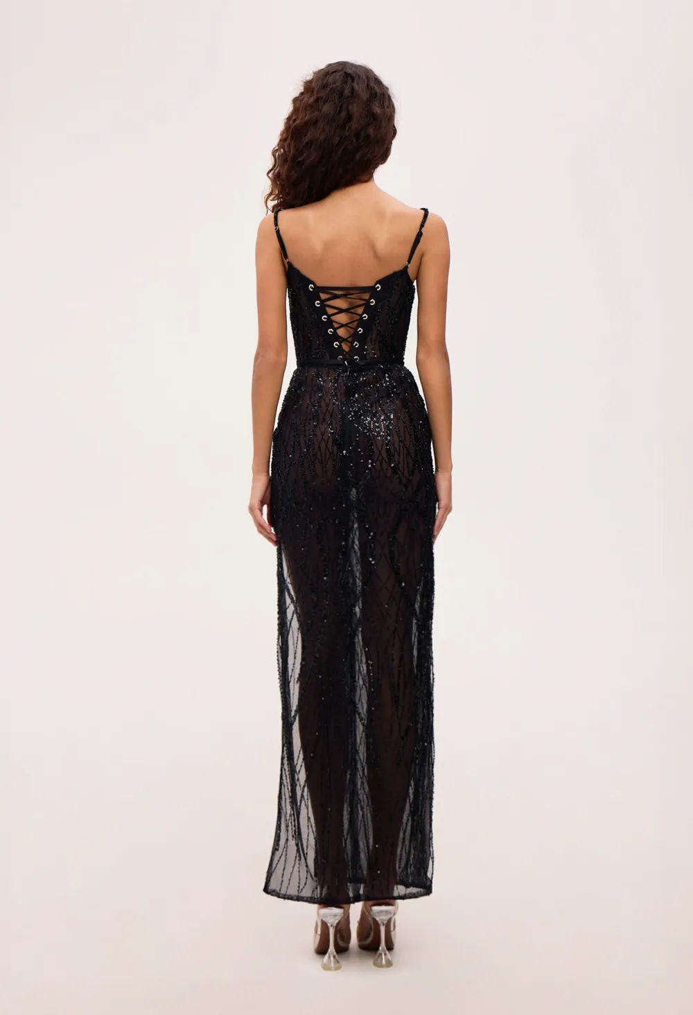 Noemi Lace Sequin Split Maxi Dress In Black