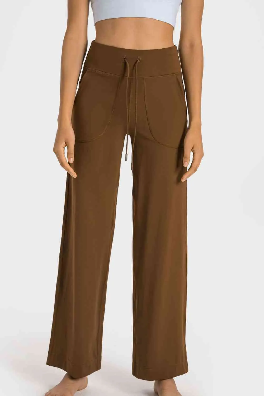 Drawstring Waist Wide Leg Sports Pants With Pocket