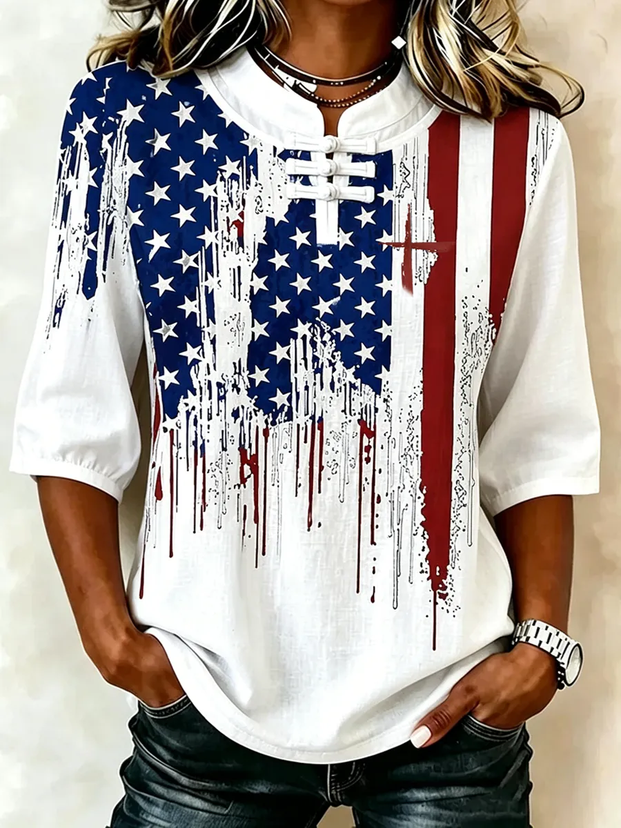 Women's 250th Anniversary Commemorative Flash Diamond Printed Chinese style Seven Sleeve Top