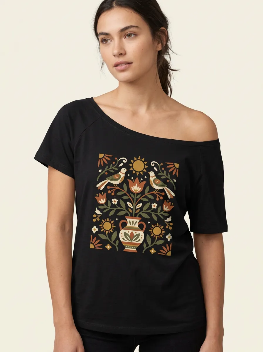 Women's Folk Art Bird Floral Vase Printed T-shirt