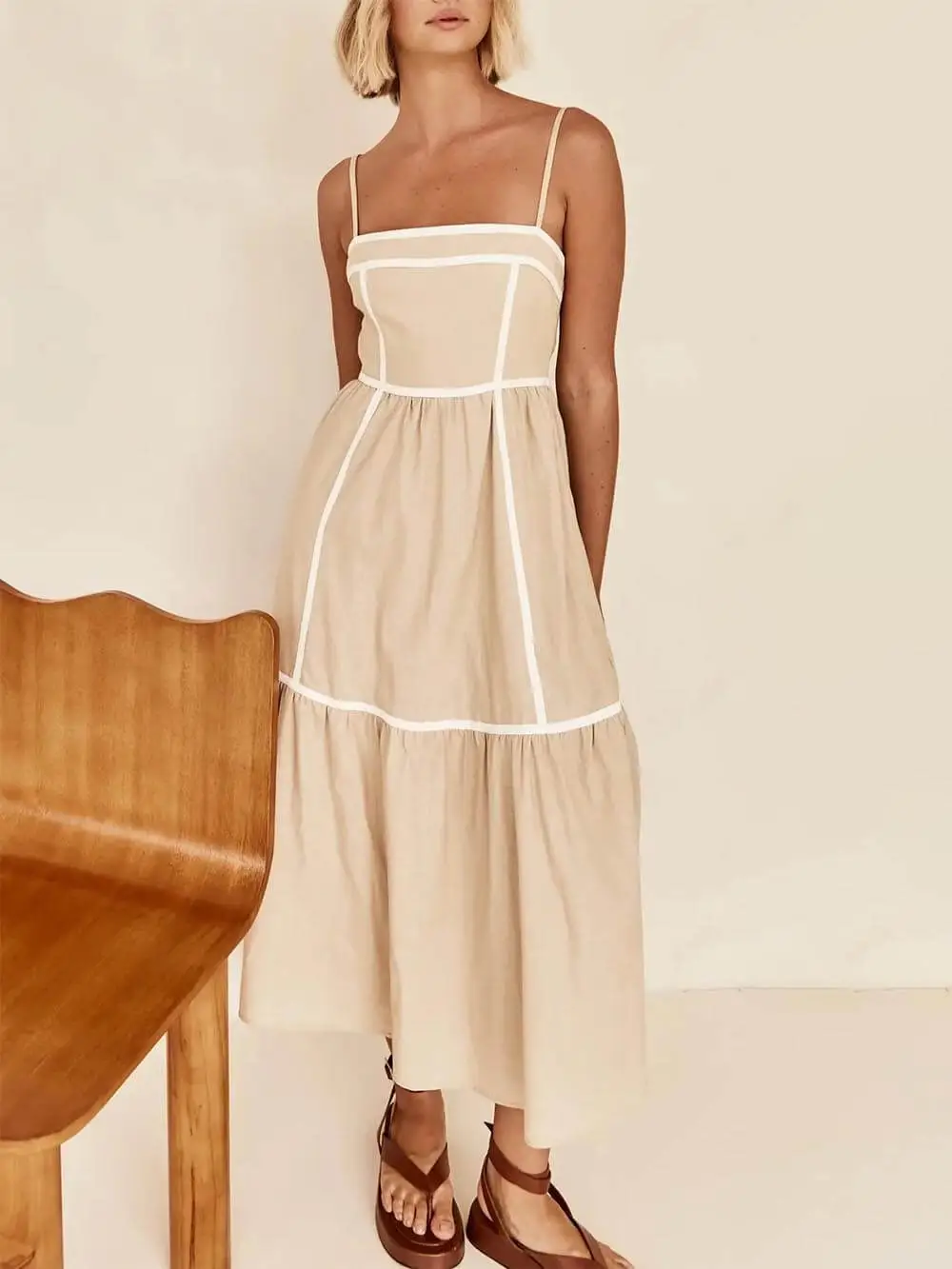 Contrast Trim Adjustable Straps Midi Dress