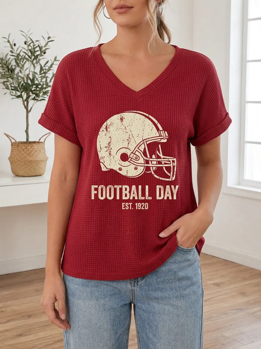 Women's Football Lover Helmet Football Day Printed Waffle Top