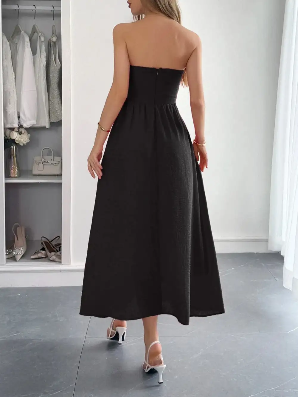 Strapless A-Line Midi Dress With Pockets