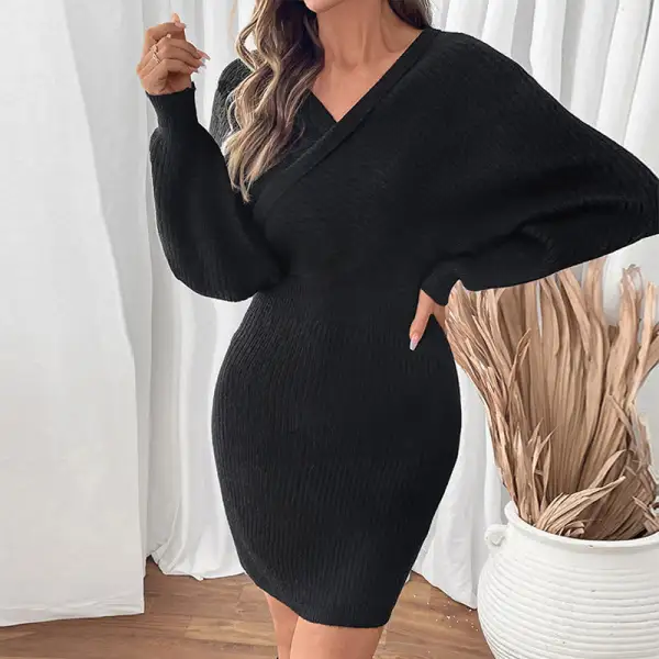 Women's V-Neck Puff-Sleeve Knit Dress