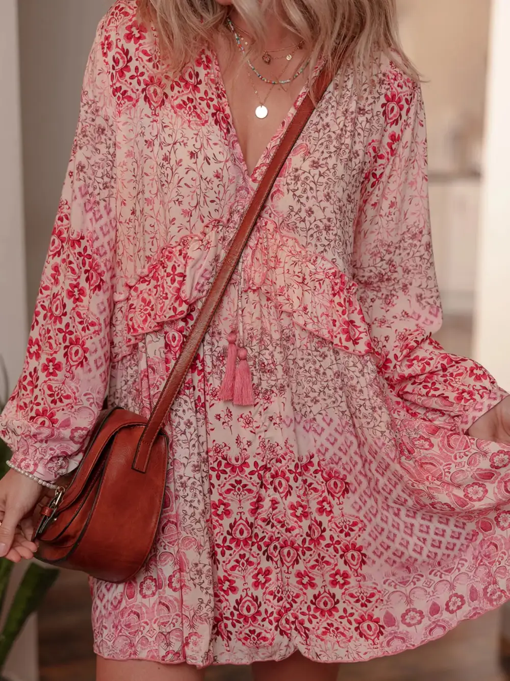 Clean Line Printed Long Sleeve Mini Dress