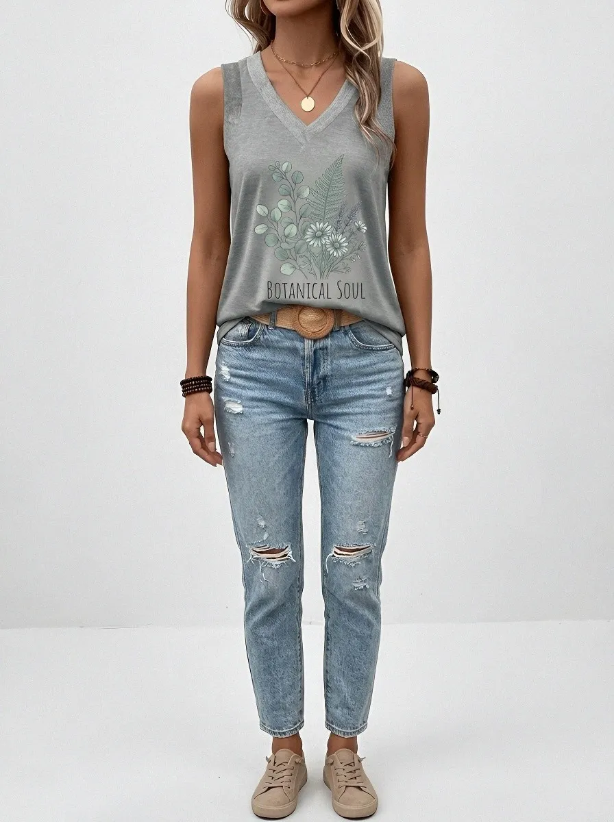 Women's Botanical Soul Fern Flower Printed V-Neck Tank Top