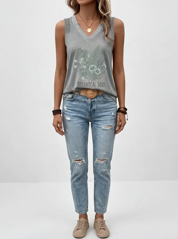 Women's Botanical Soul Fern Flower Printed V-Neck Tank Top