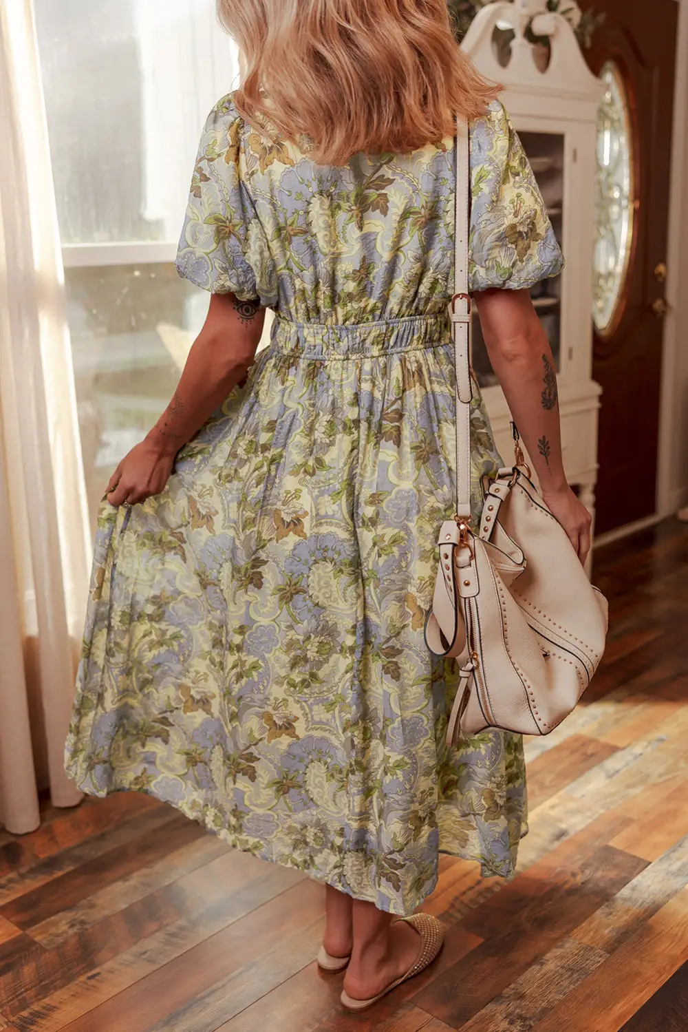 Maxi Multicolour Vintage Floral V Neck Short Puff Sleeve
