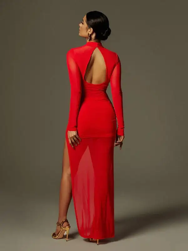 Cypress Draped Split Mesh Maxi Dress In Red