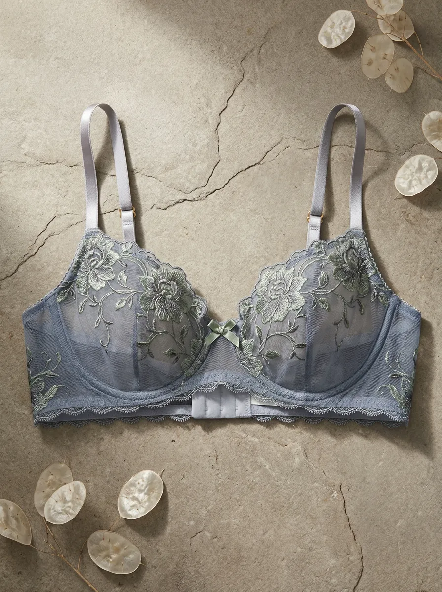 Women's Floral Embroidery Sheer Mesh Lace Printed Bra