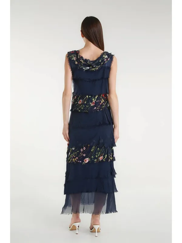 Silk Embroidered Floral Maxi Dress