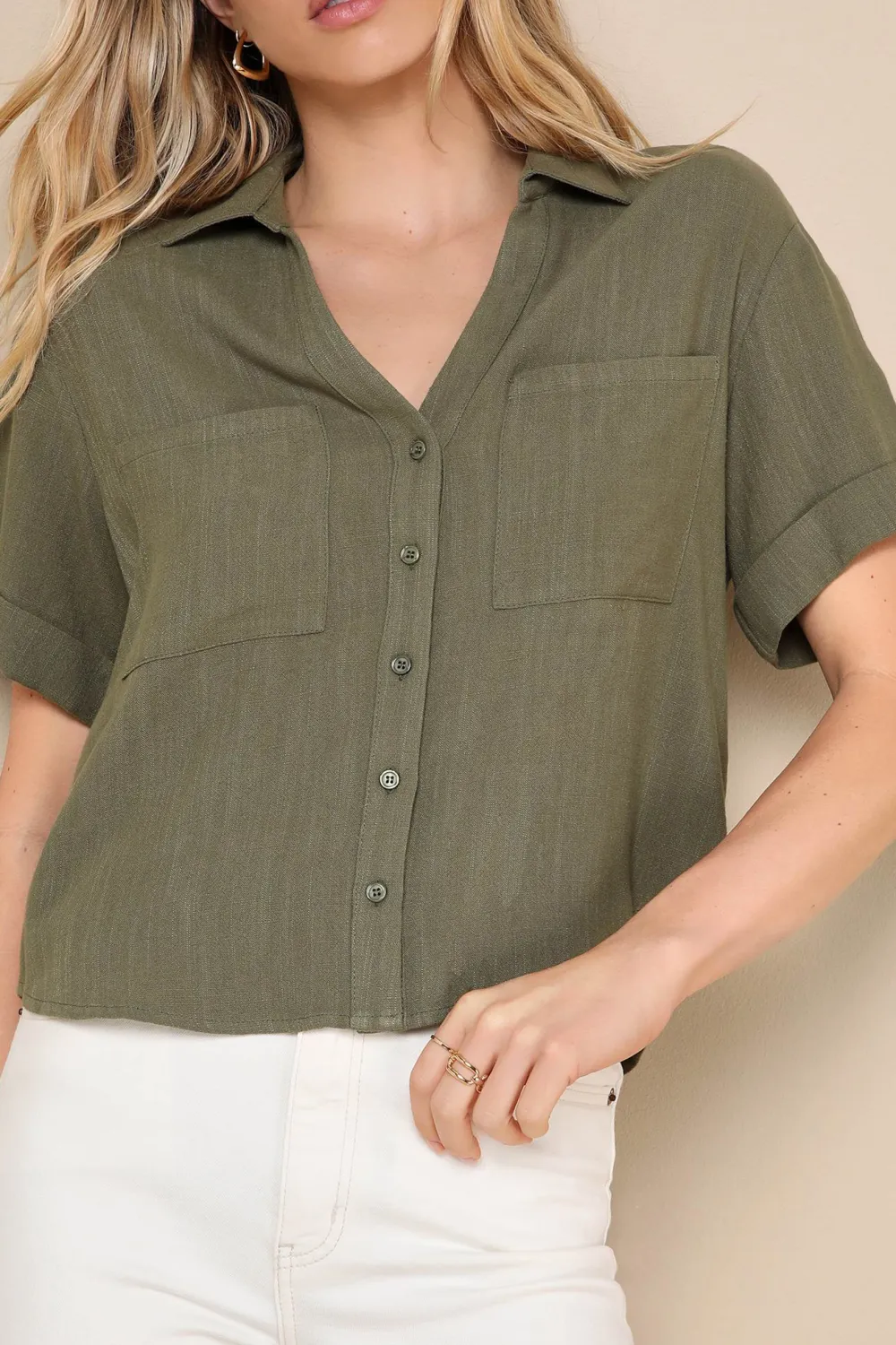 Short Sleeve Linen Collared Button-Up Top